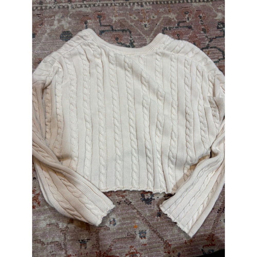 Known Supply Organic Cotton Cable Knit V-Neck Cropped Sweater Cream White S - Picture 7 of 7